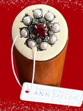 Ann Taylor Silver Tone/Red/Faux Pearls/AB Rhinestone Ring-Size 5-NWT
